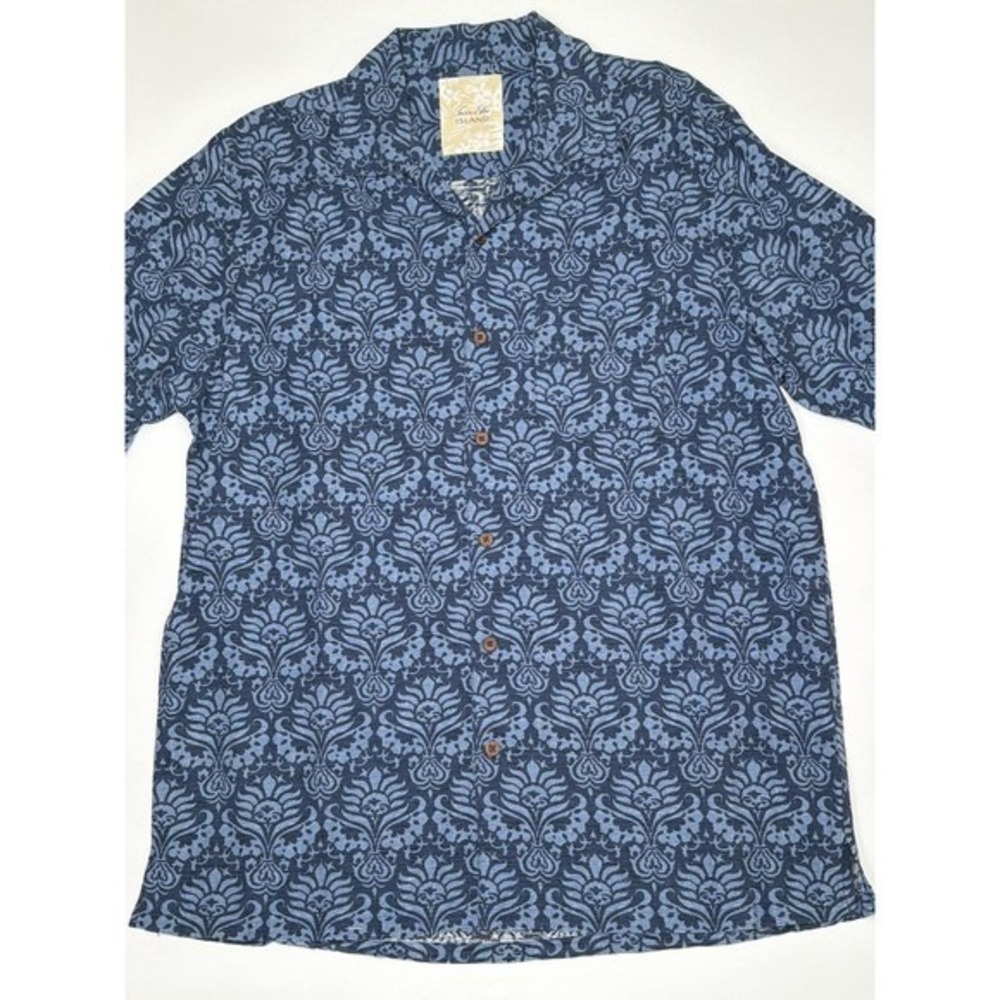 Tasso Elba Island 100% Silk Mens Blue Floral Short Sleeve Button Up Shirt Size M